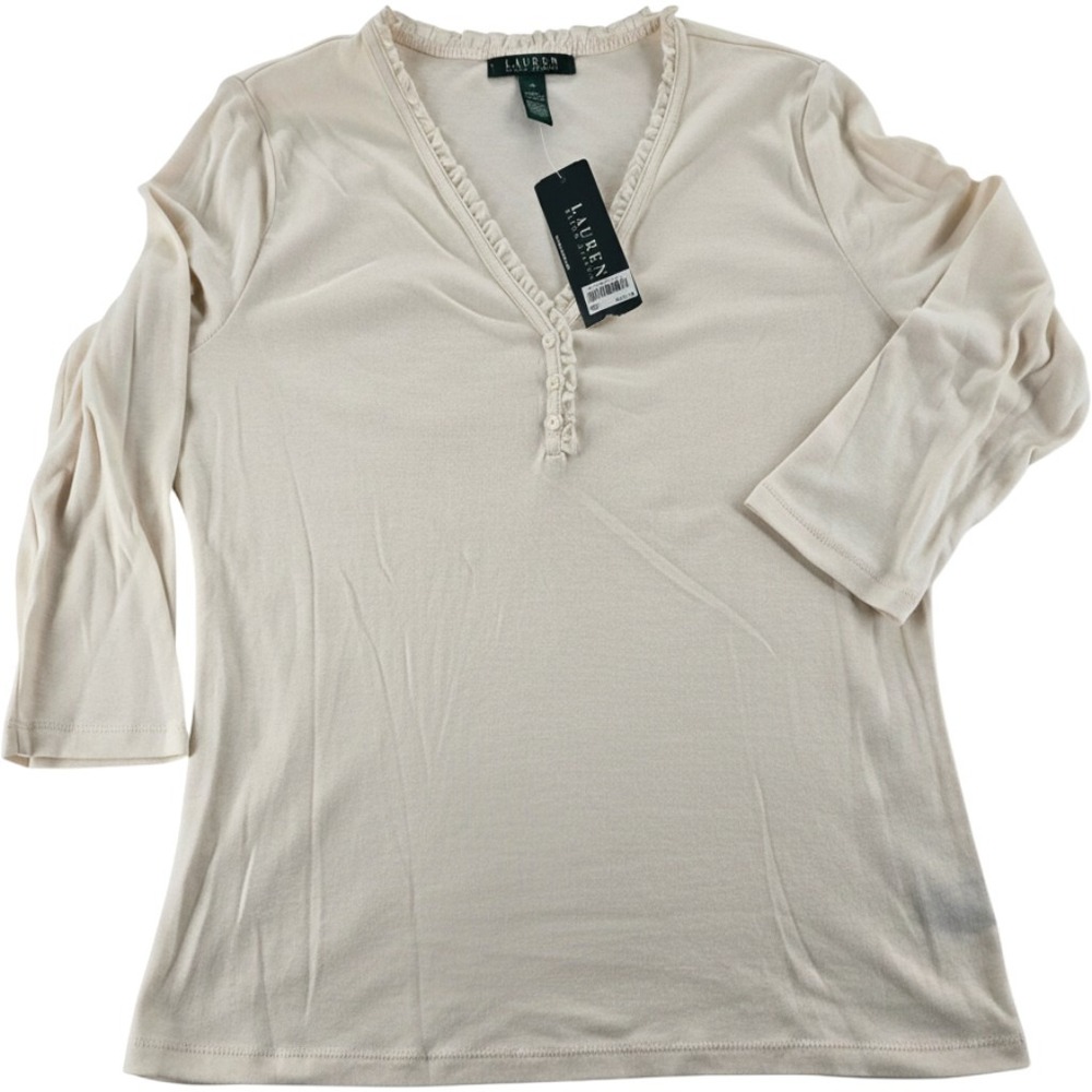 Lauren Ralph Lauren Top M Canyon Cream Ruffle V-Neck Henley 3/4 Sleeve Cotton